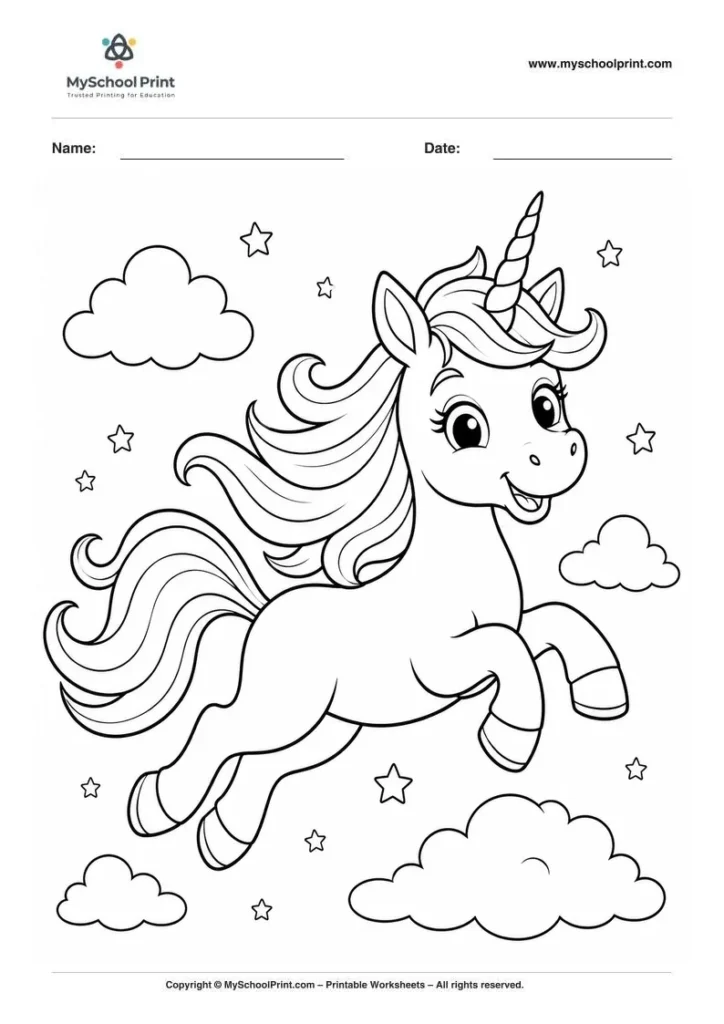 flying unicorn among clouds coloring page for kids