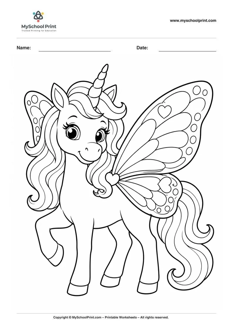 whimsical unicorn with butterfly wings coloring page for kids