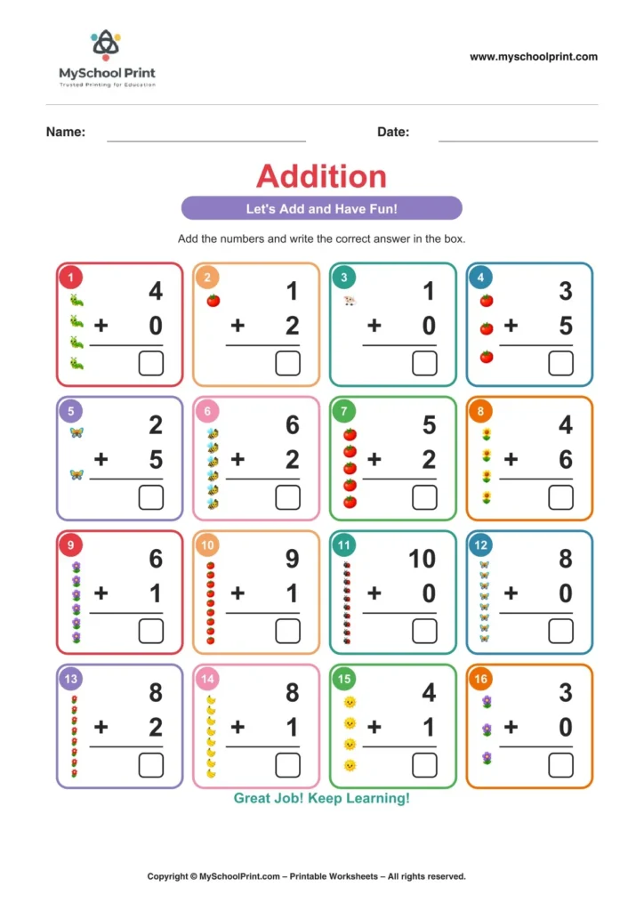 Kindergarten addition worksheet 01