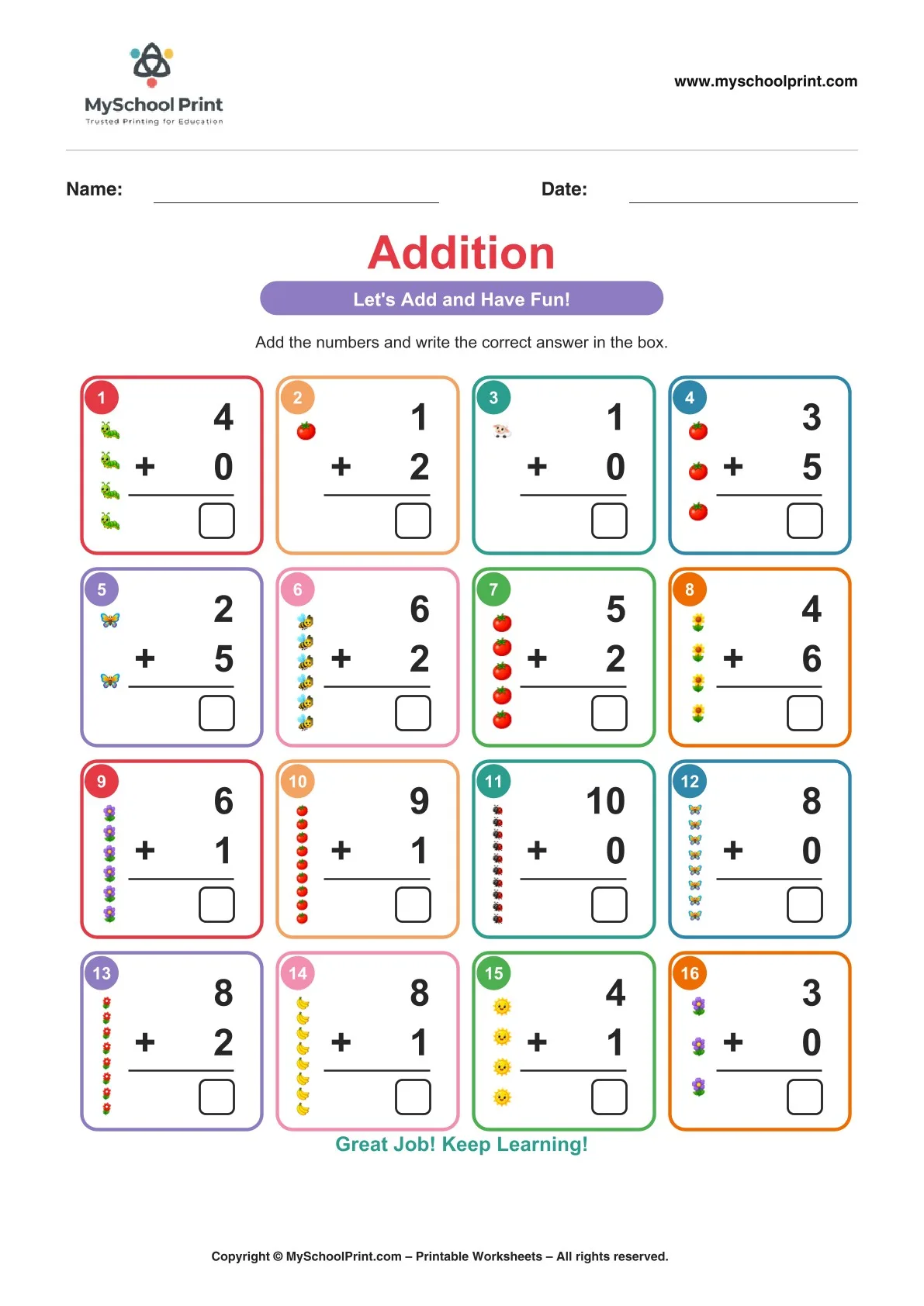 Kindergarten addition worksheet 01