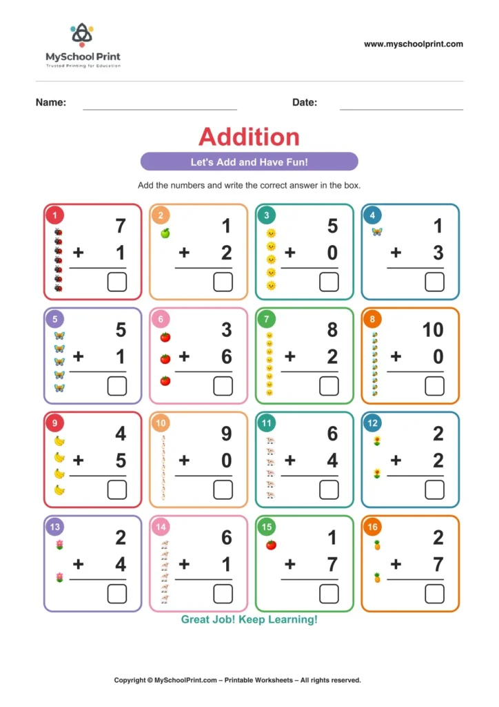 Kindergarten addition worksheet 10
