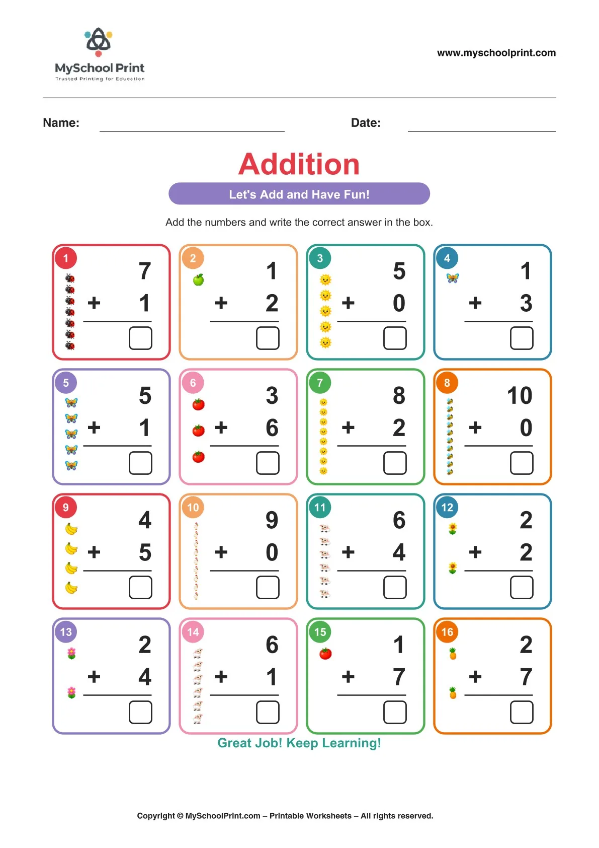 Kindergarten addition worksheet 10