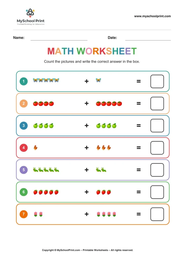 Kindergarten addition worksheet 20
