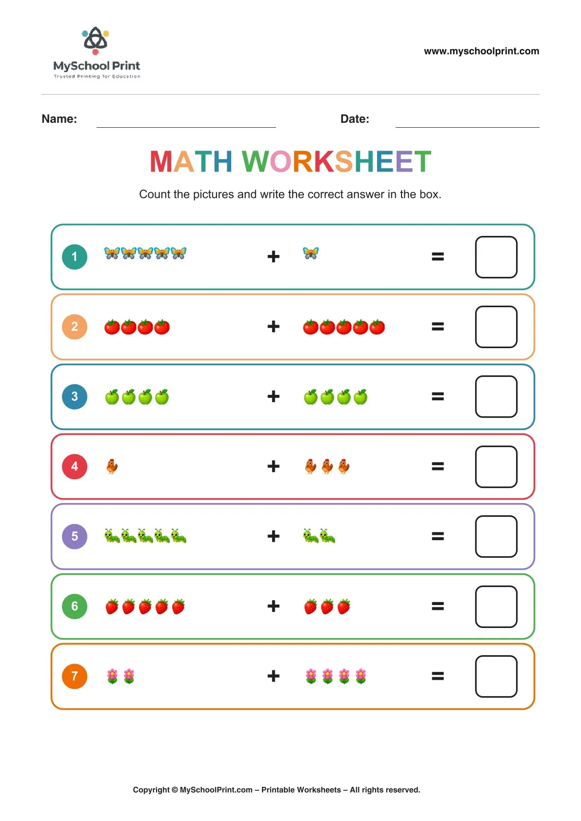 Kindergarten addition worksheet 20