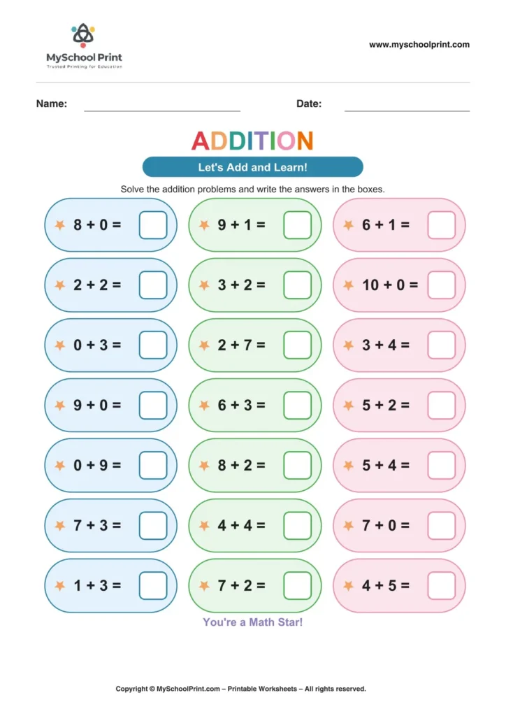 Kindergarten addition worksheet 30