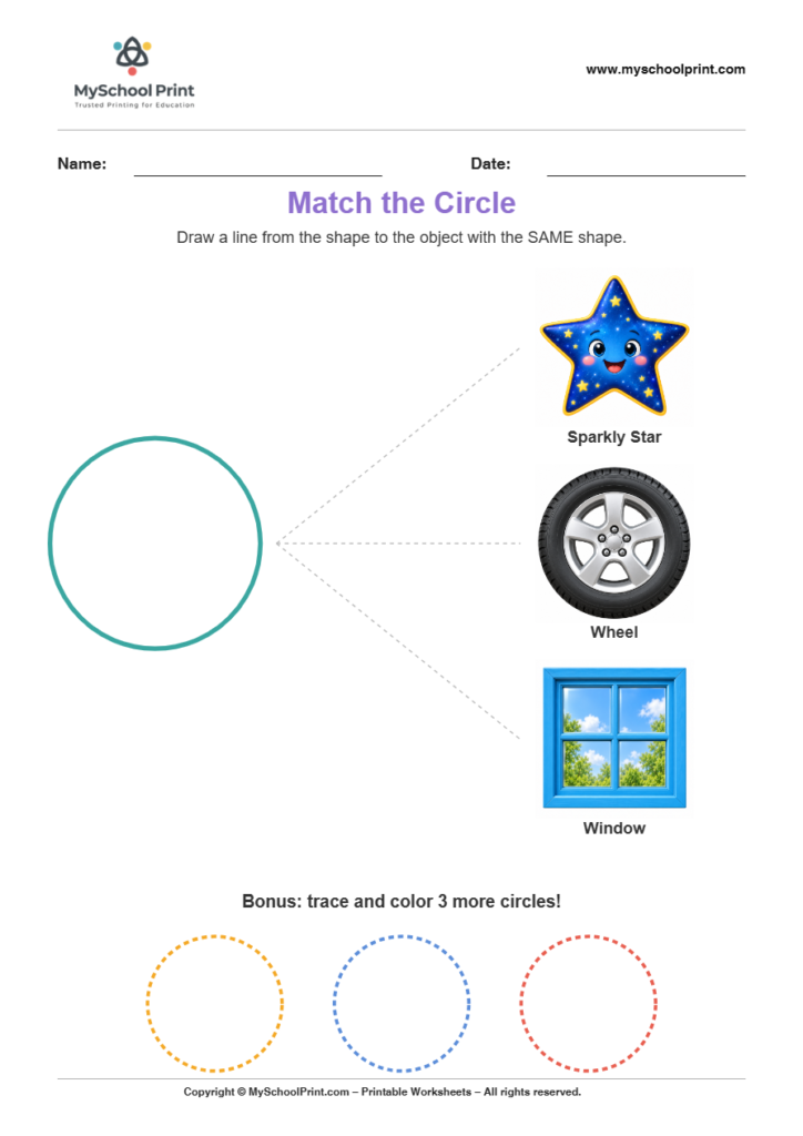 matching shape to object circle worksheet v2 for preschool and kindergarten
