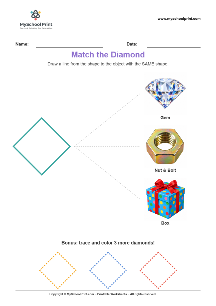 matching shape to object diamond worksheet for preschool and kindergarten
