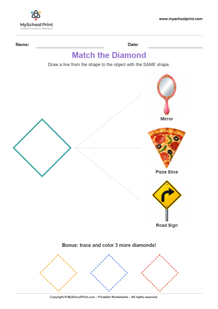 matching shape to object diamond worksheet v2 for preschool and kindergarten