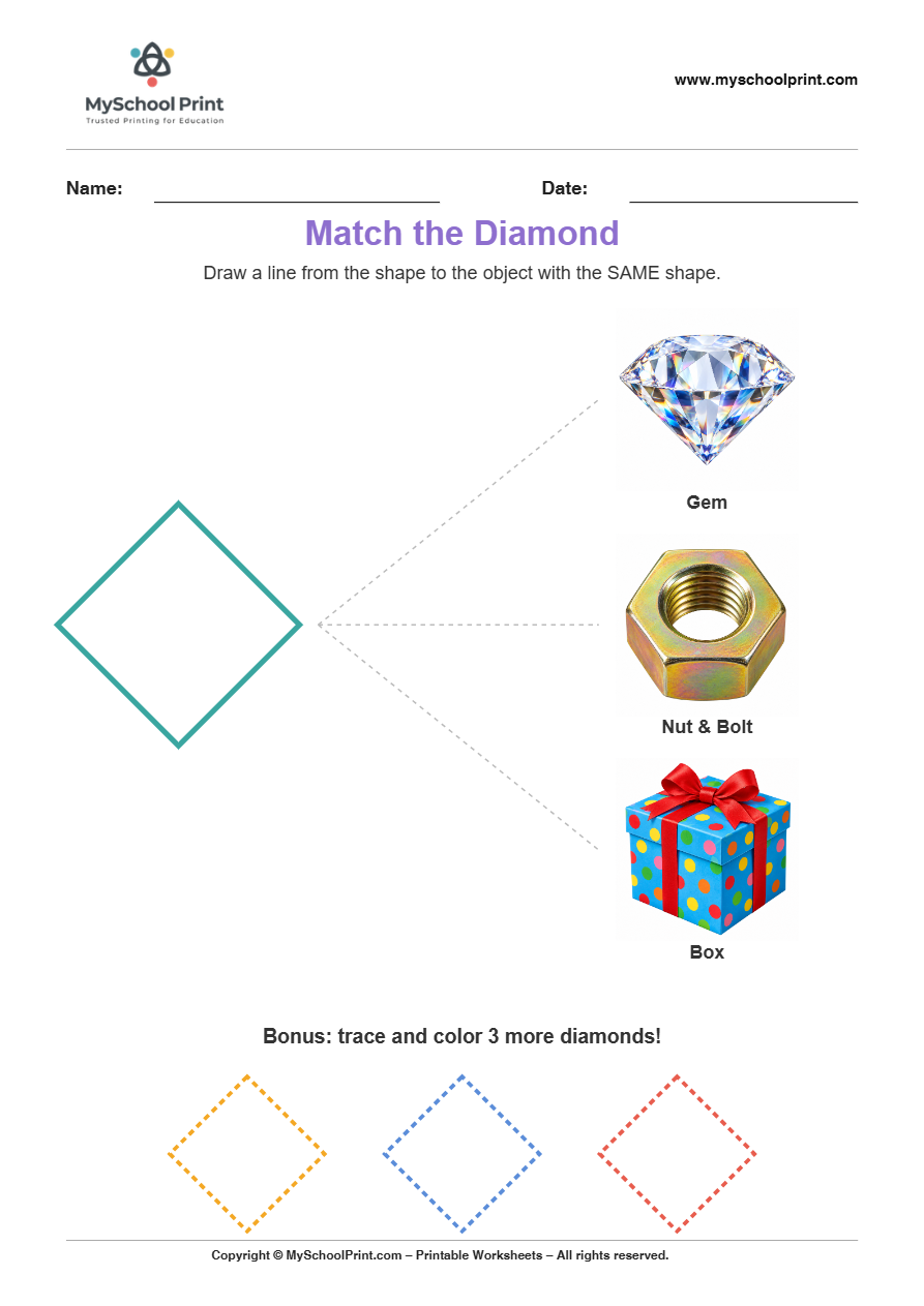 matching shape to object diamond worksheet for preschool and kindergarten