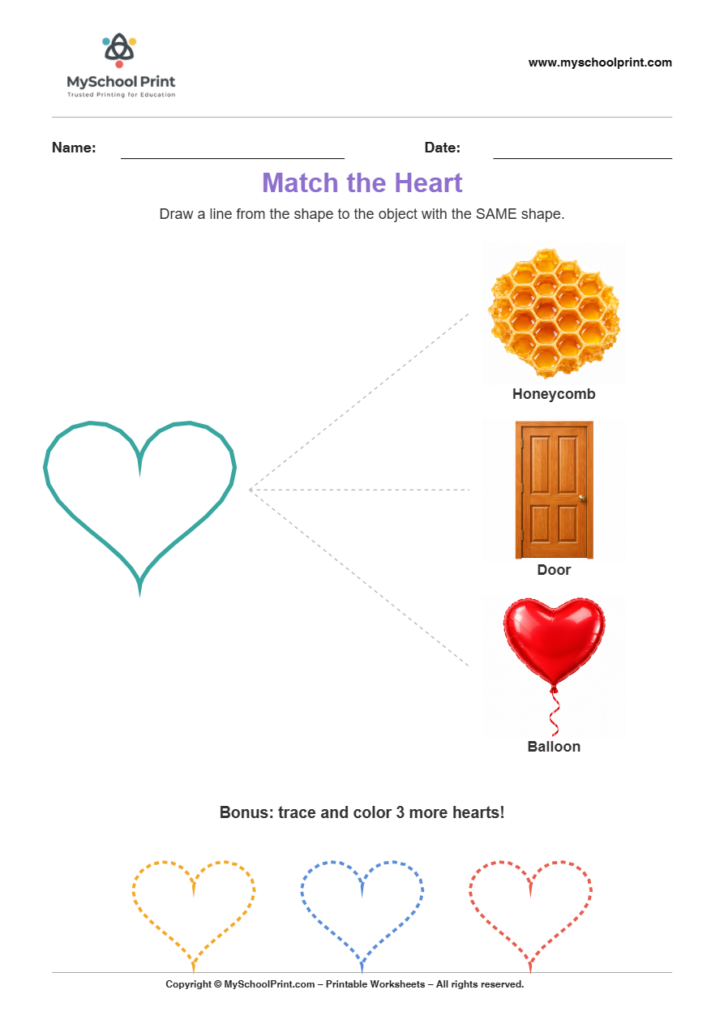 matching shape to object heart worksheet for preschool and kindergarten