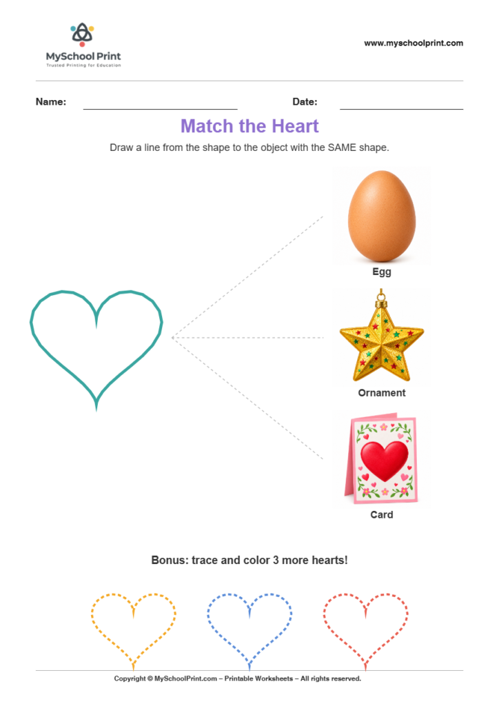 matching shape to object heart worksheet v2 for preschool and kindergarten