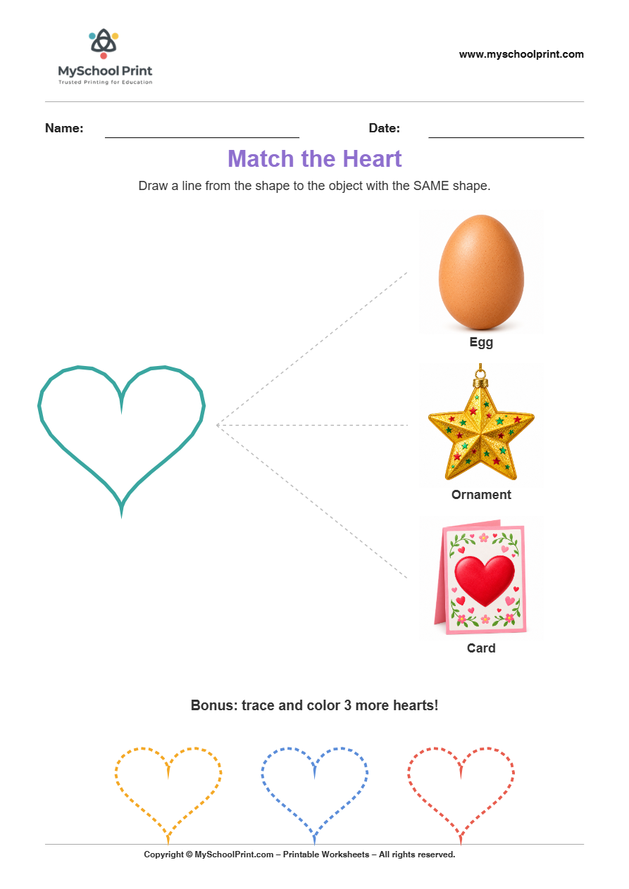 matching shape to object heart worksheet v2 for preschool and kindergarten