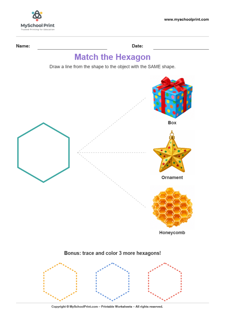 matching shape to object hexagon worksheet v2 for preschool and kindergarten