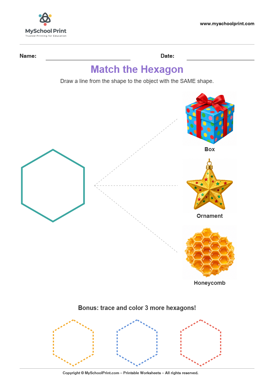 matching shape to object hexagon worksheet v2 for preschool and kindergarten