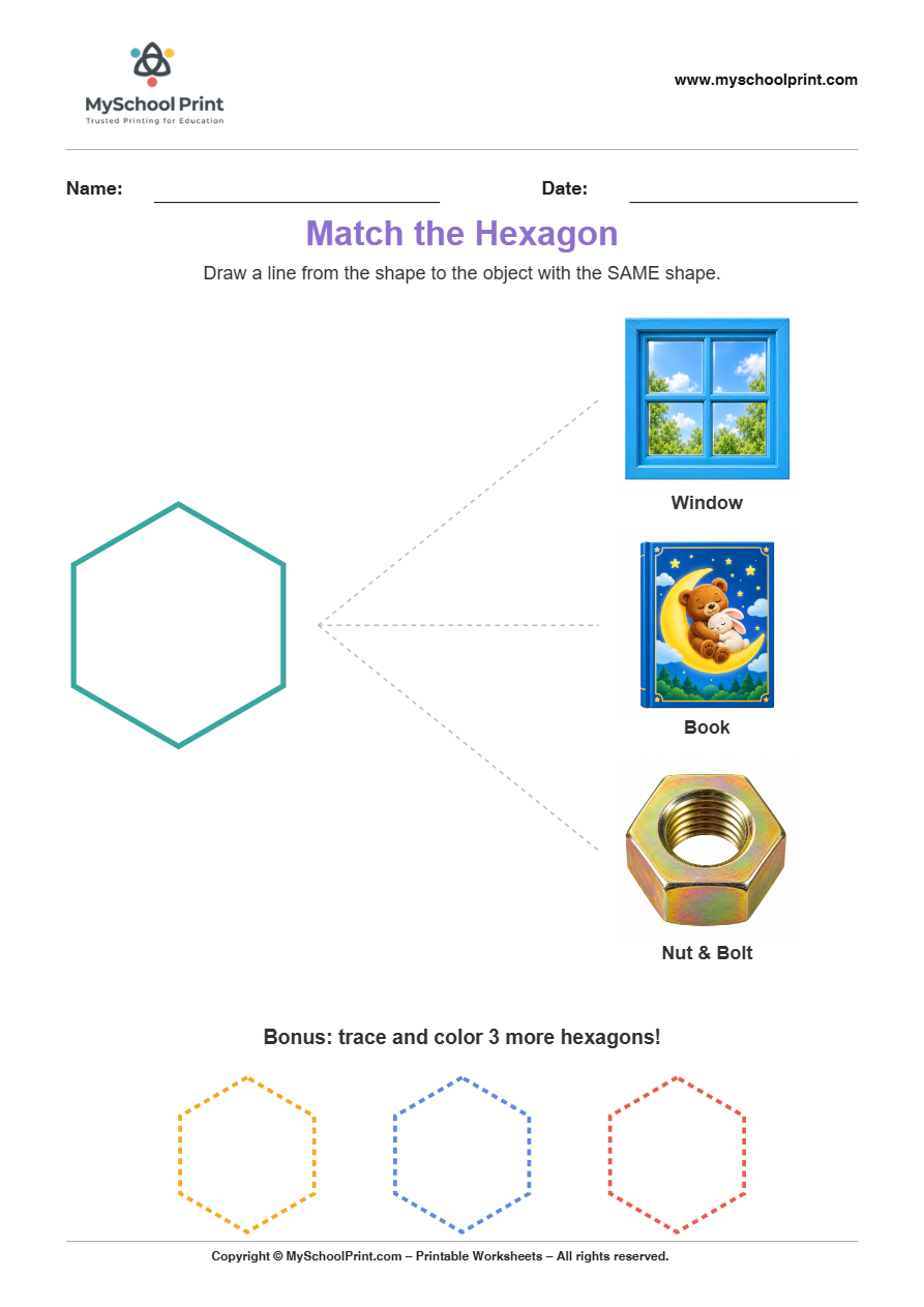 matching shape to object hexagon worksheet for preschool and kindergarten