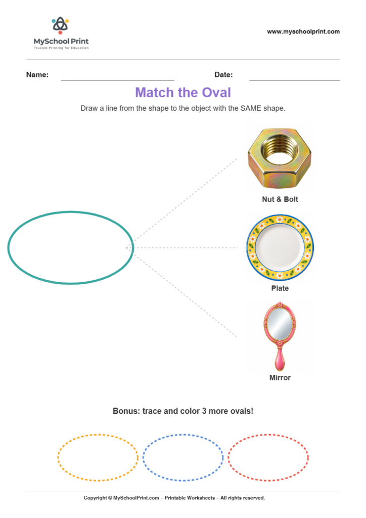 matching shape to object oval worksheet v2 for preschool and kindergarten