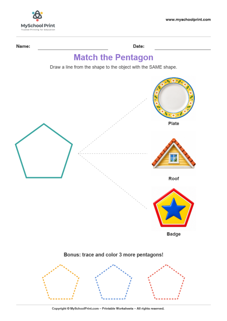 matching shape to object pentagon worksheet v2 for preschool and kindergarten