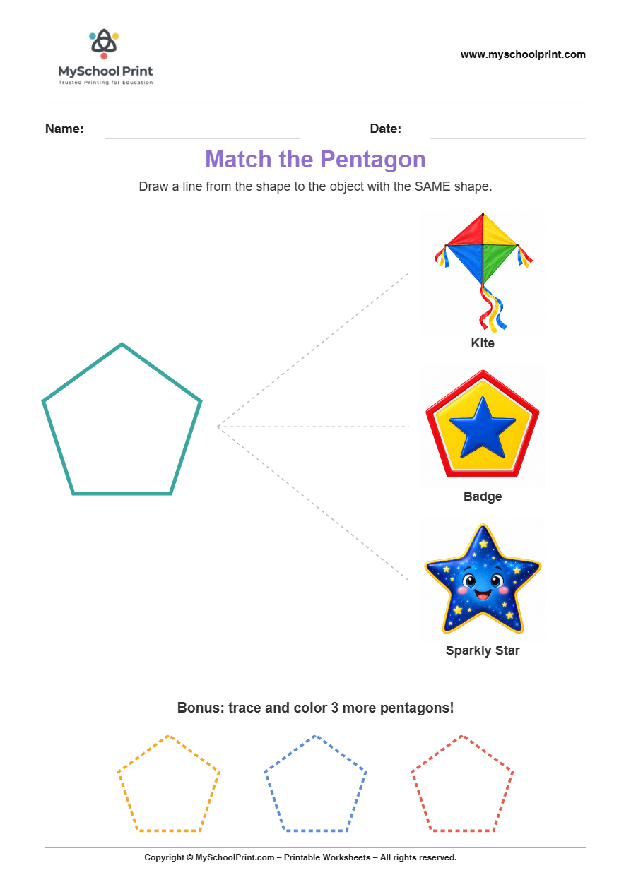 matching shape to object pentagon worksheet for preschool and kindergarten
