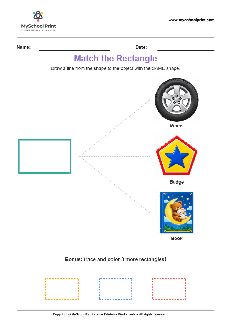 matching shape to object rectangle worksheet for preschool and kindergarten