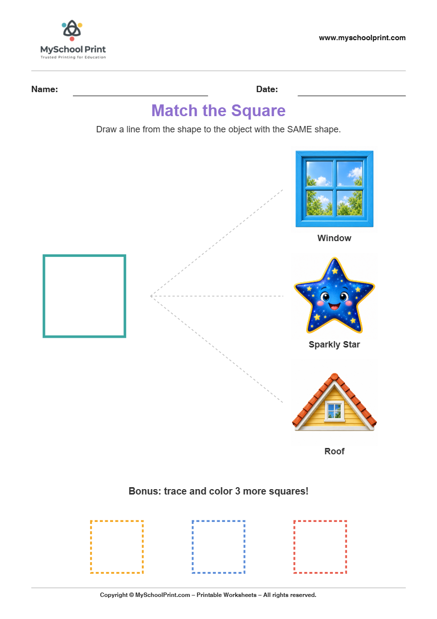 matching shape to object square worksheet v2 for preschool and kindergarten