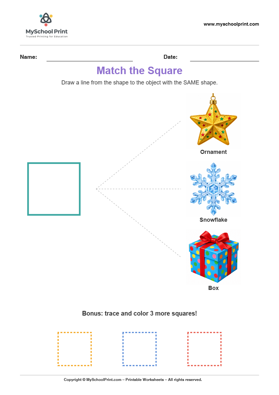 matching shape to object square worksheet for preschool and kindergarten