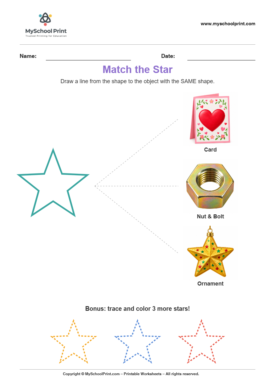 matching shape to object star worksheet v2 for preschool and kindergarten