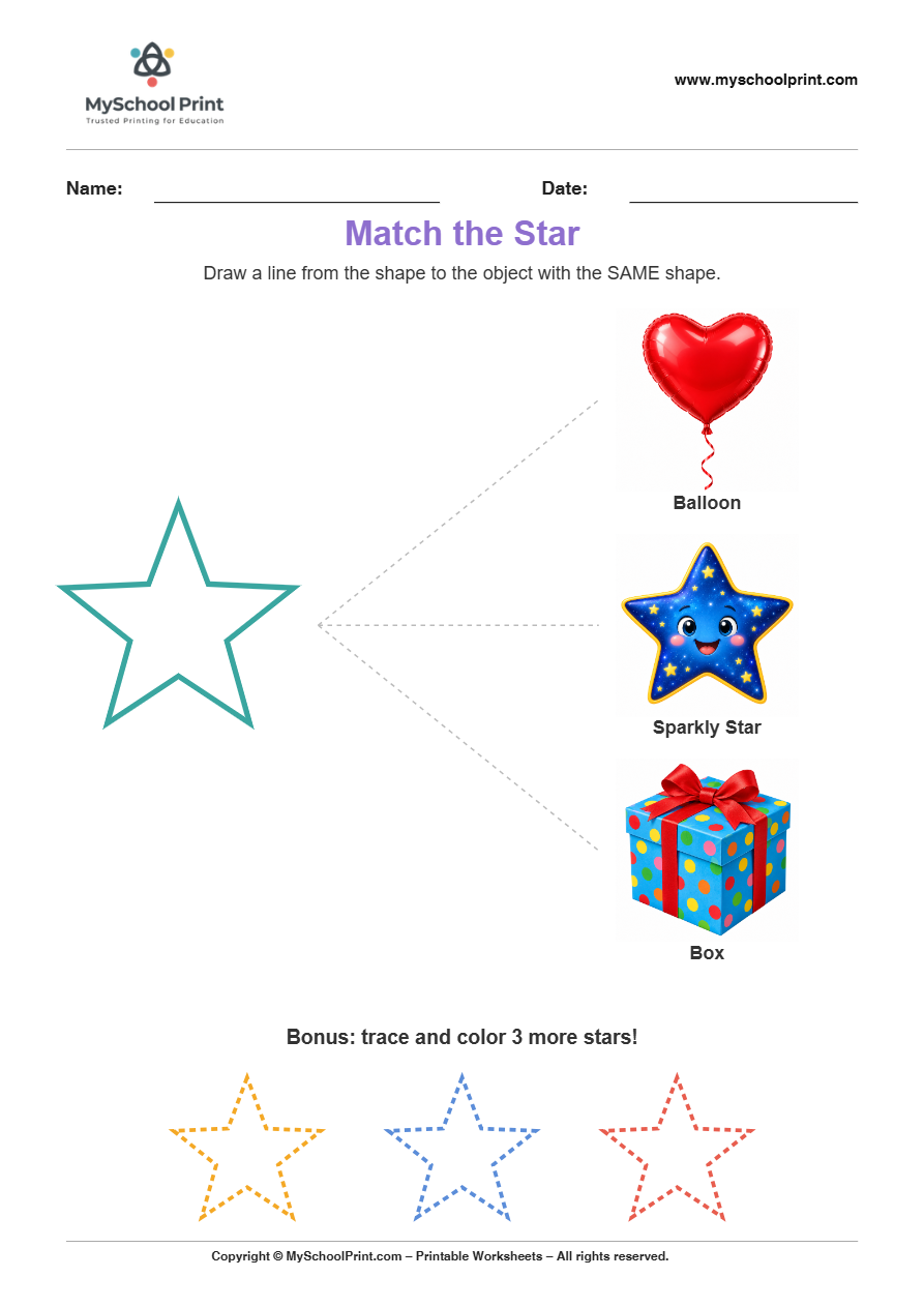 matching shape to object star worksheet for preschool and kindergarten