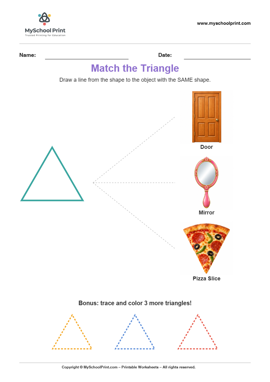 matching shape to object triangle worksheet for preschool and kindergarten