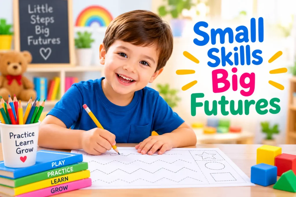 Preschooler practicing pre-writing activities with a pencil and tracing worksheet