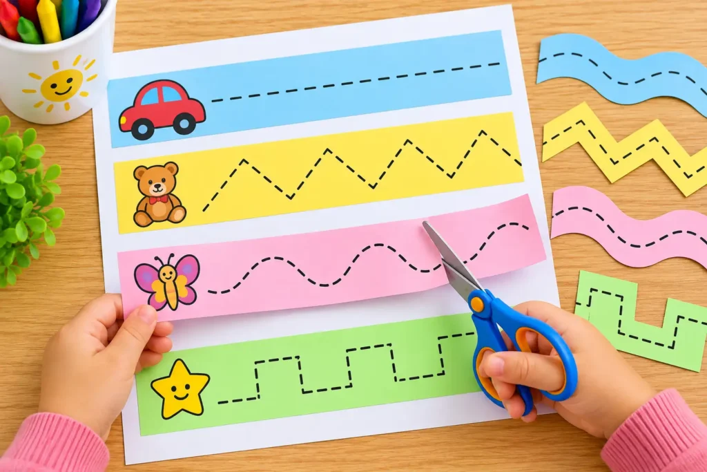 Child practicing scissor skills by cutting along dashed lines