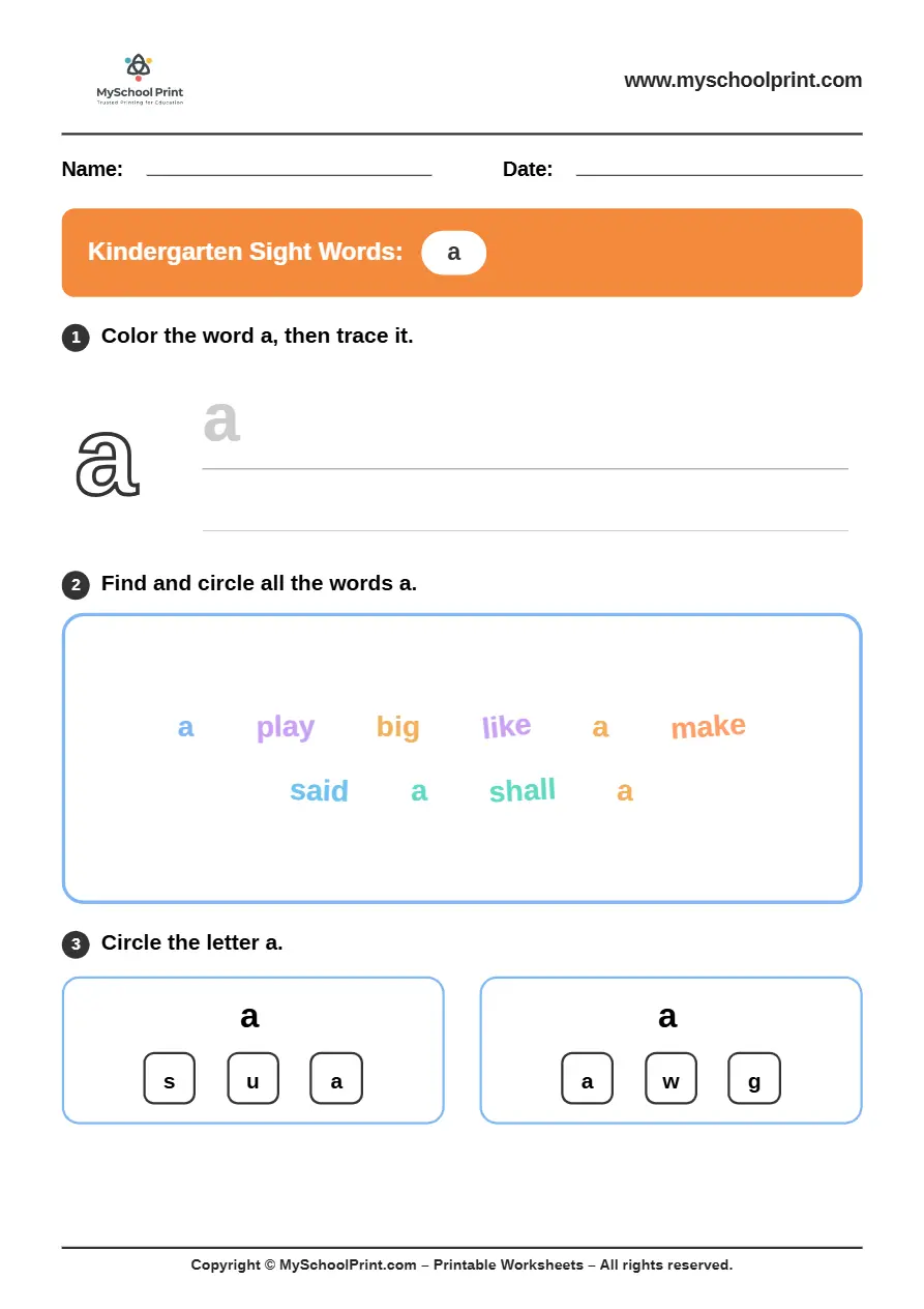 sight words worksheet 1 for kindergarten reading practice