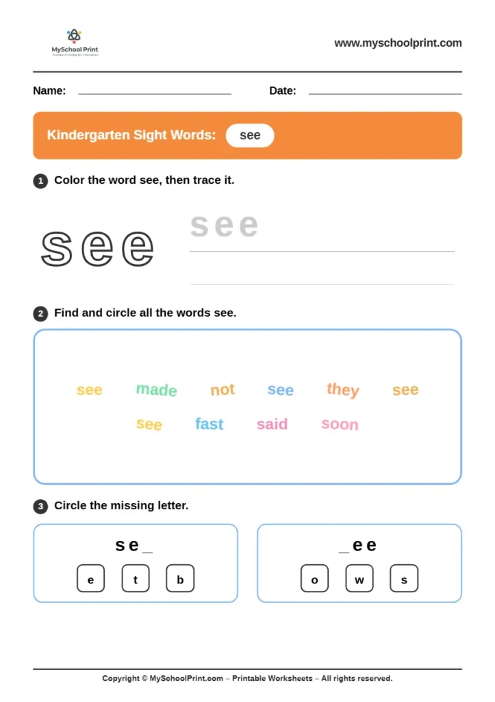 sight words worksheet 31 for kindergarten reading practice