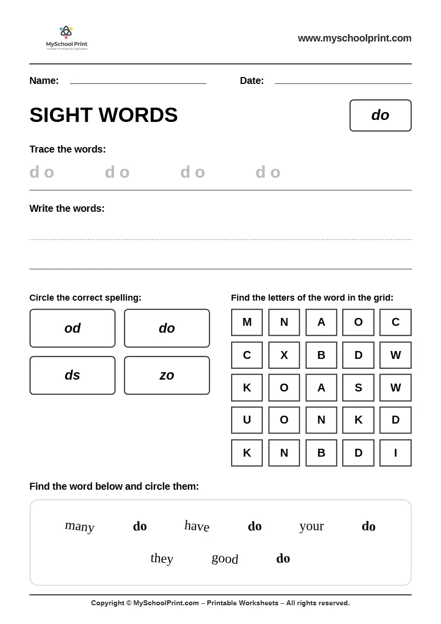 sight words worksheet 52 for kindergarten reading practice