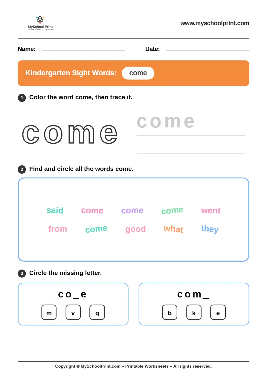 sight words worksheet 7 for kindergarten reading practice