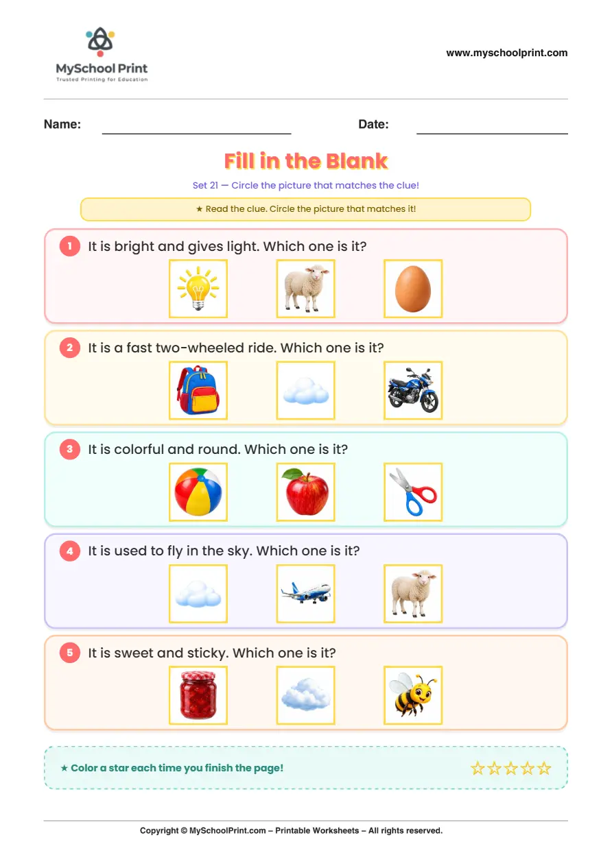 Simple English Reading Worksheet 107 for Kindergarten