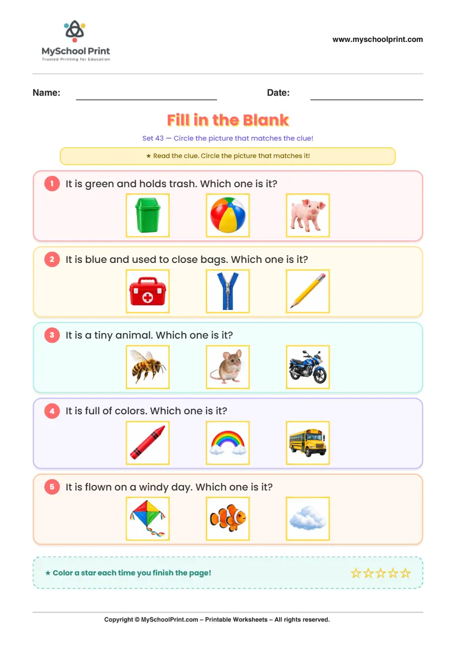 Simple English Reading Worksheet 124 for Kindergarten
