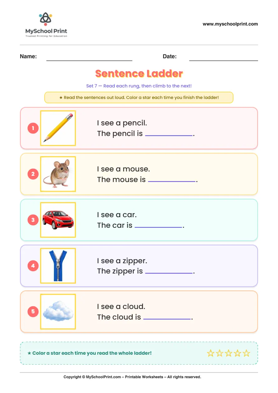 Simple English Reading Worksheet 201 for Kindergarten