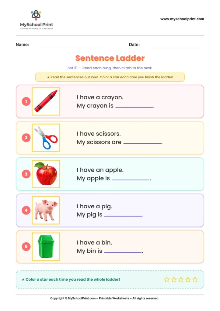 Simple English Reading Worksheet 204 for Kindergarten
