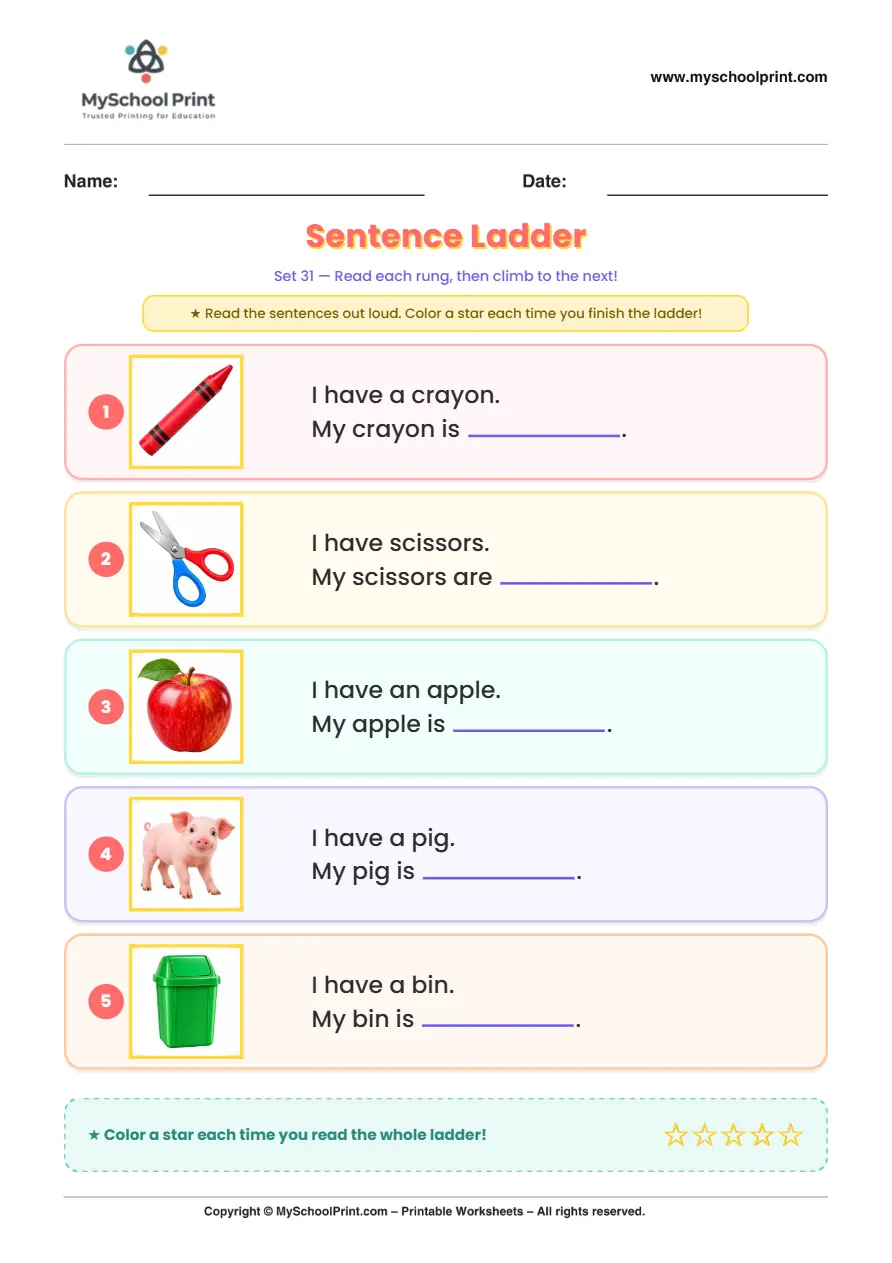 Simple English Reading Worksheet 204 for Kindergarten