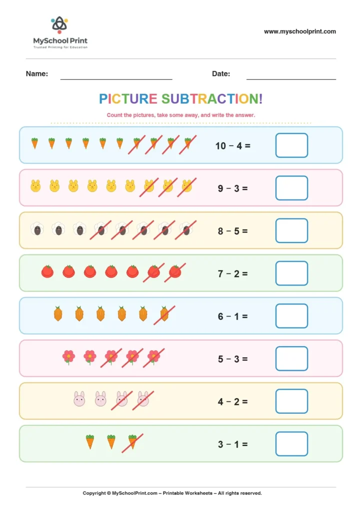 Subtraction worksheet 1 for kindergarten kids