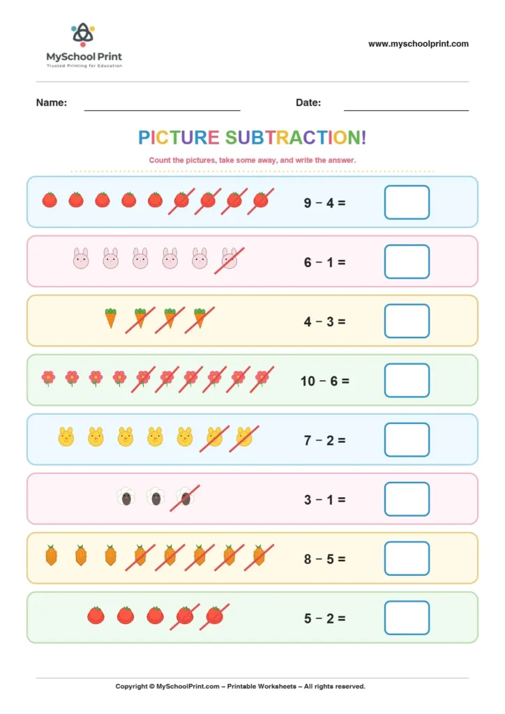 Subtraction worksheet 10 for kindergarten kids