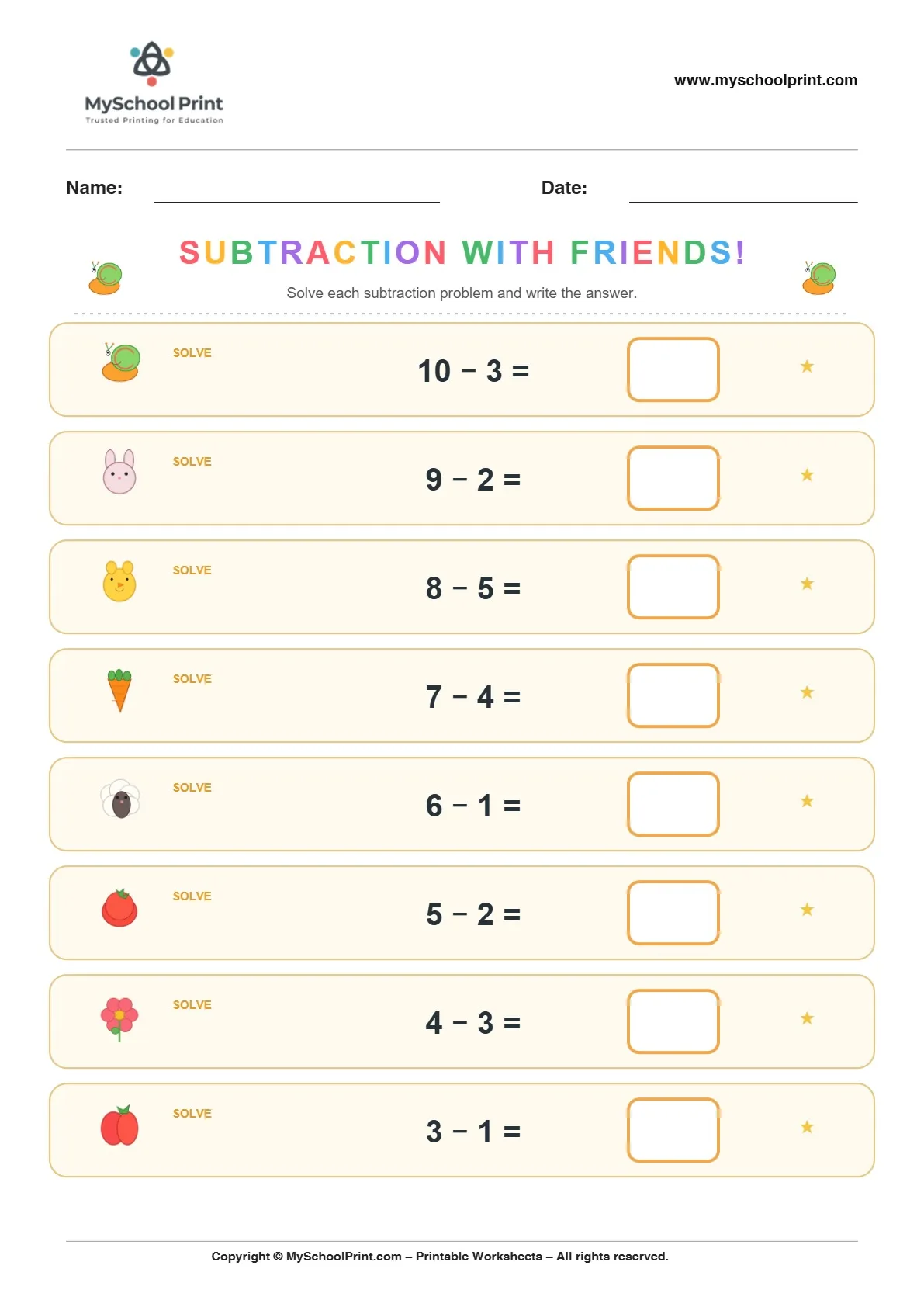 Subtraction worksheet 11 for kindergarten kids