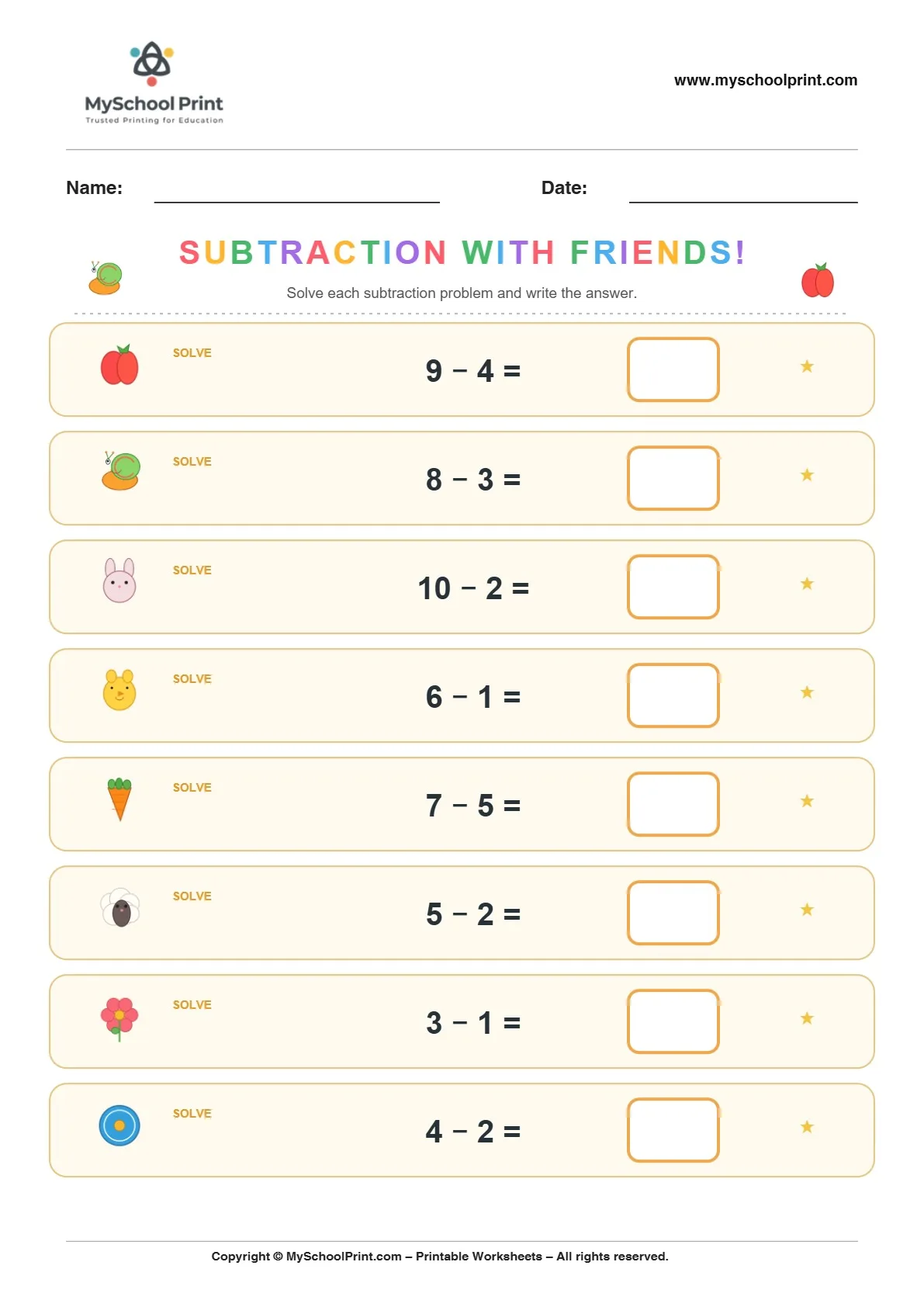 Subtraction worksheet 12 for kindergarten kids
