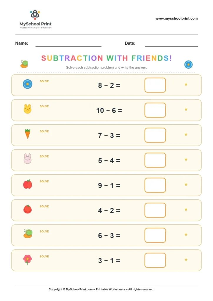 Subtraction worksheet 13 for kindergarten kids