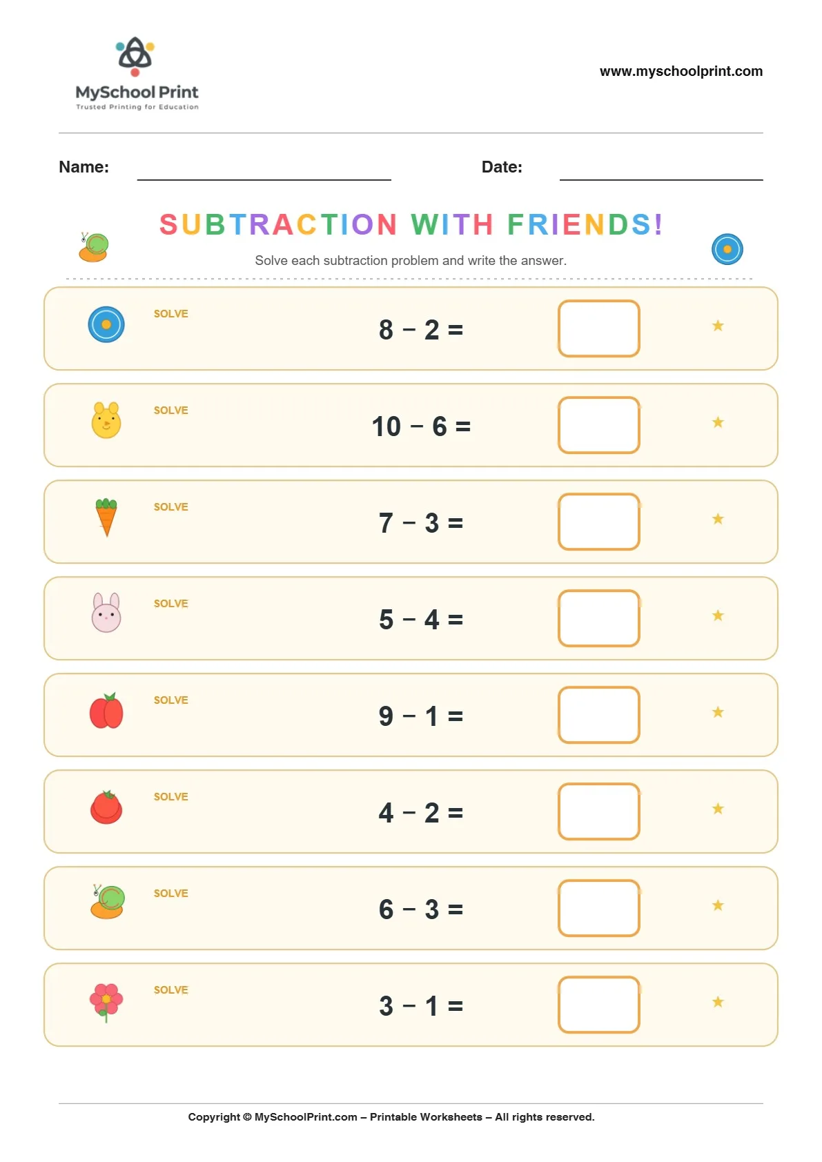 Subtraction worksheet 13 for kindergarten kids