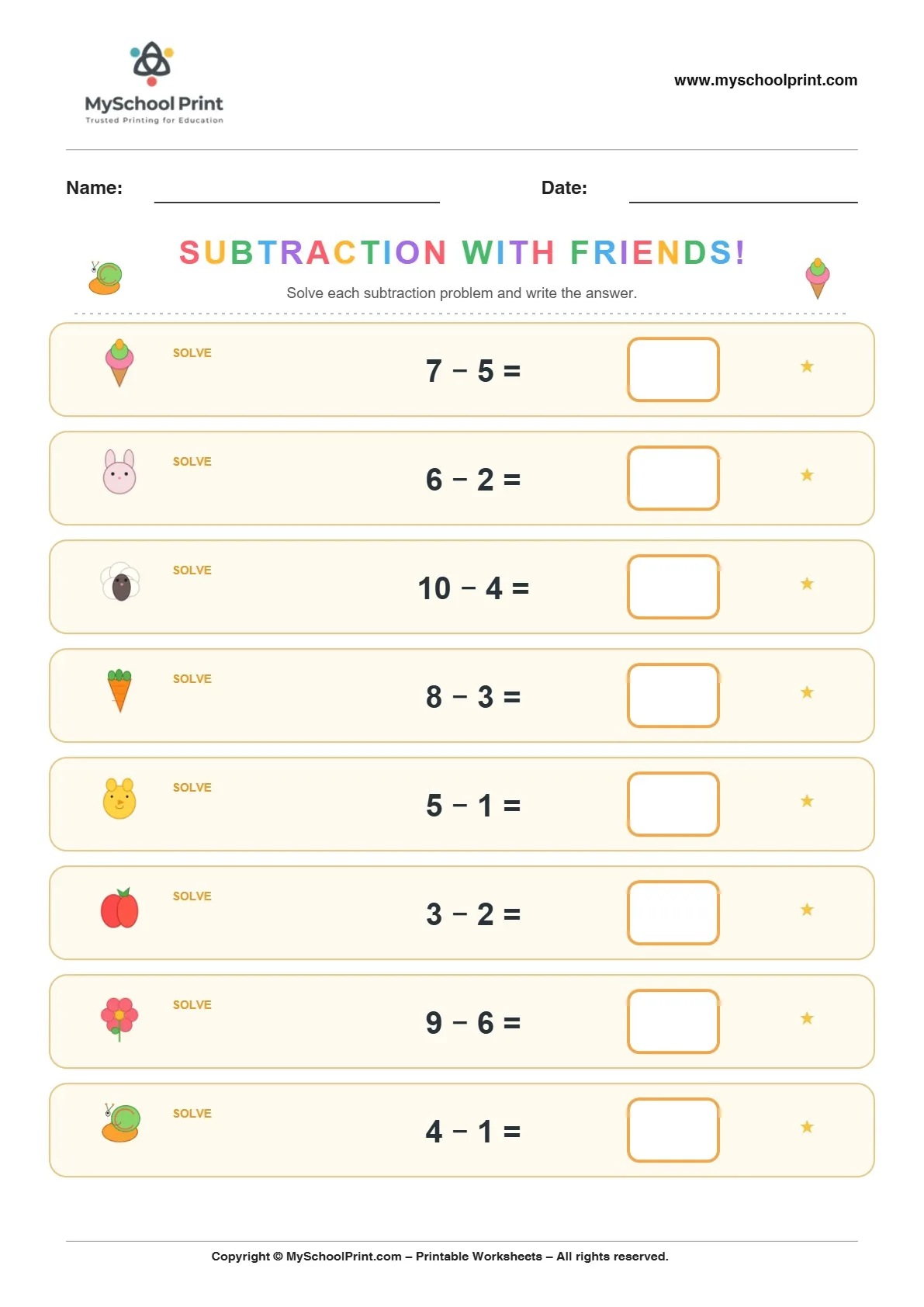 Subtraction worksheet 14 for kindergarten kids