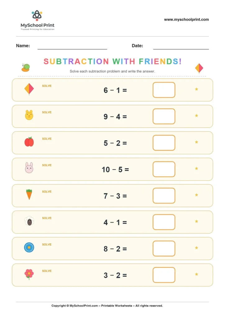 Subtraction worksheet 15 for kindergarten kids