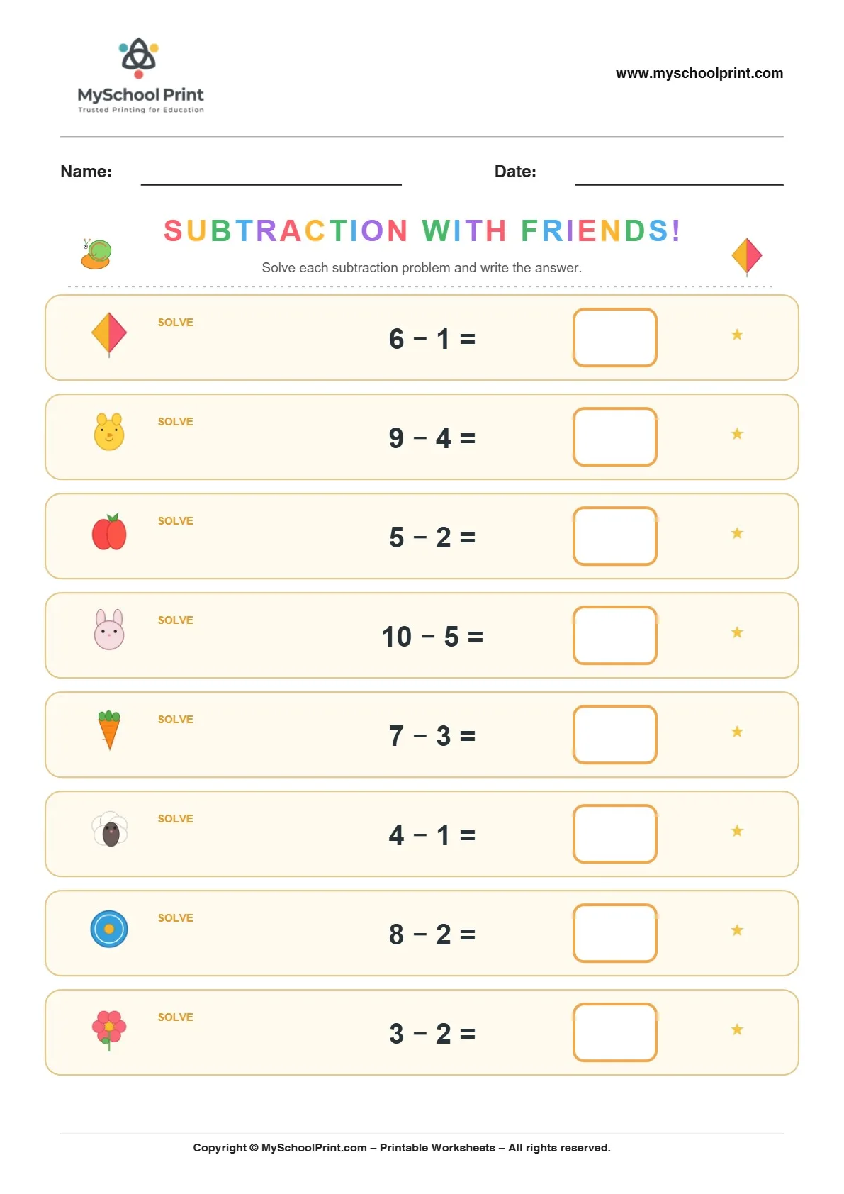 Subtraction worksheet 15 for kindergarten kids