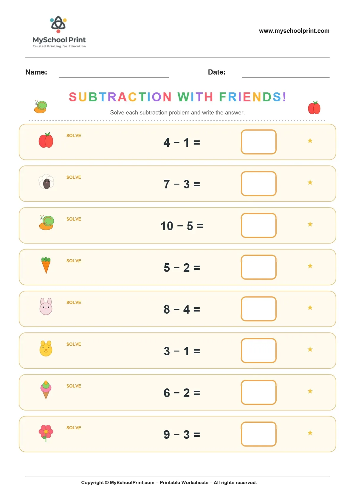 Subtraction worksheet 17 for kindergarten kids