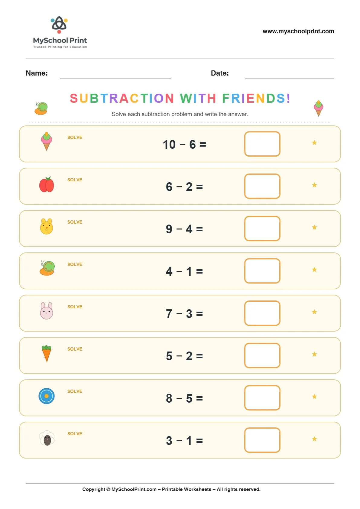 Subtraction worksheet 19 for kindergarten kids